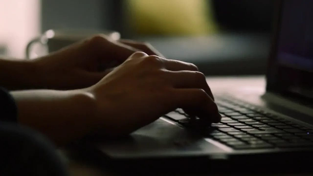 Hands type on a laptop in soft daylight.
